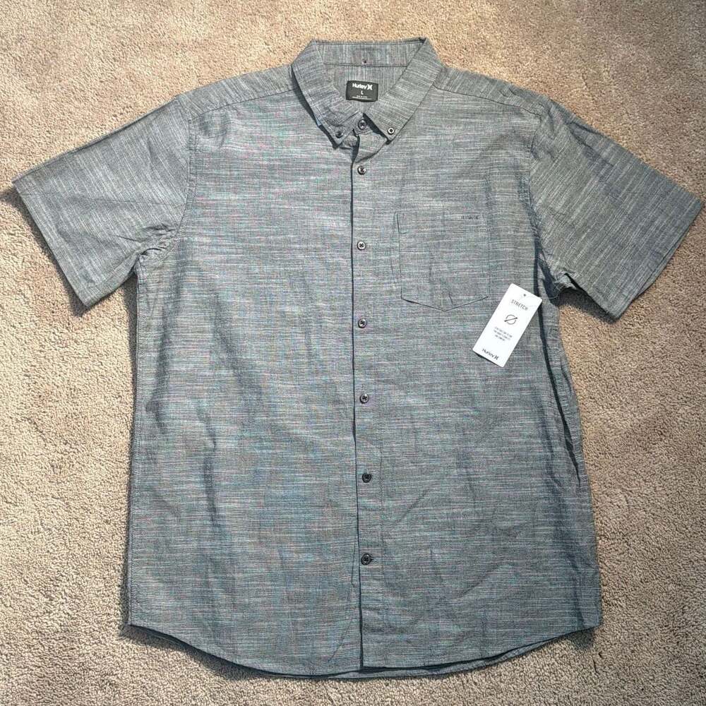 Hurley Mens Stretch Ss Button-Up, blackone, L: Fashion